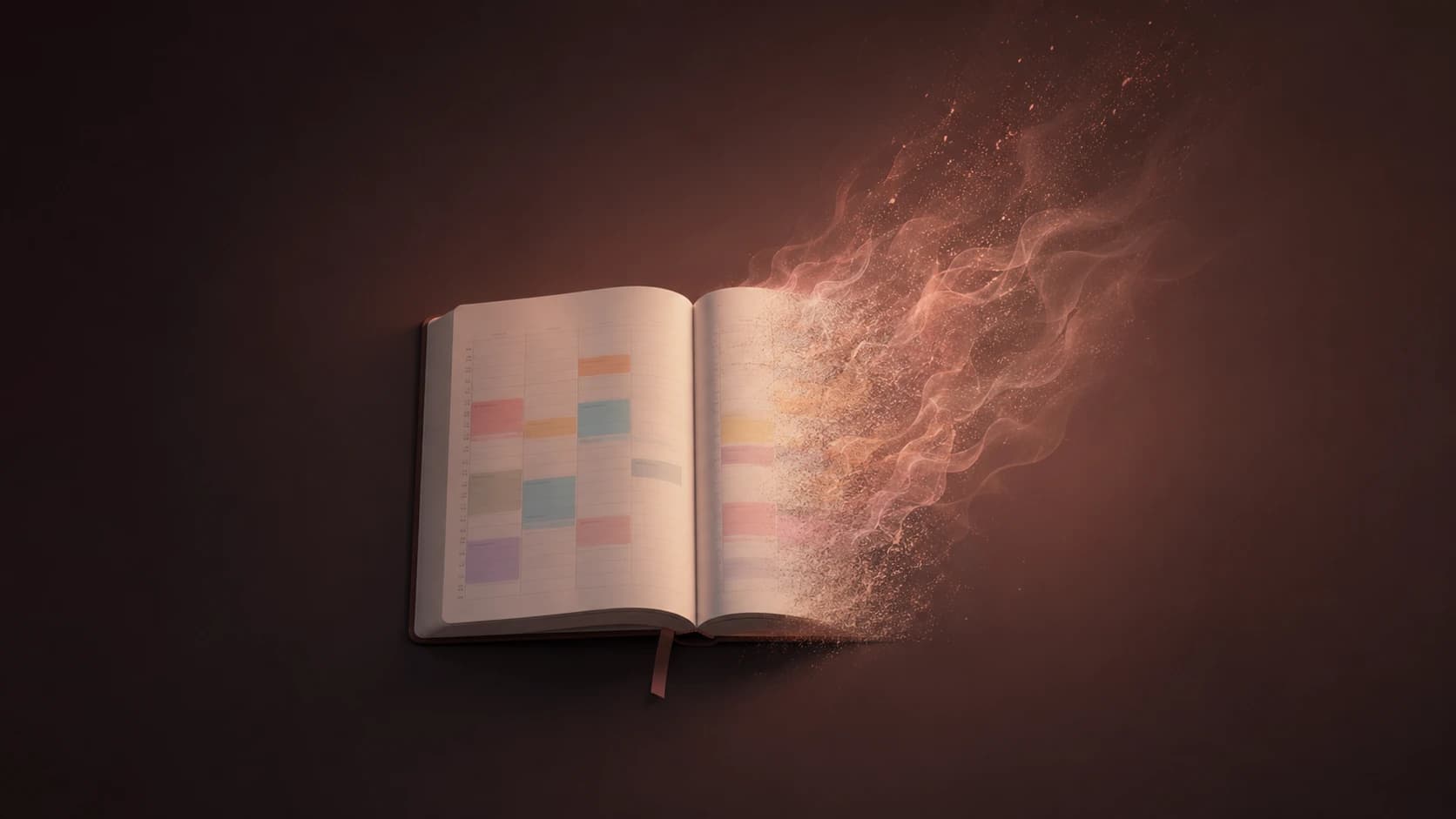 Open weekly planner with one page intact and the other dissolving into glowing coral particles