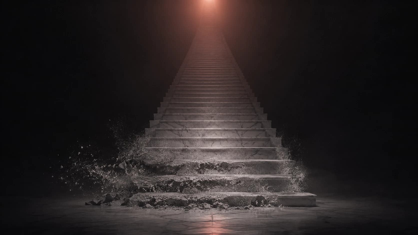 A long marble staircase rising into darkness, its bottom steps slowly dissolving into pale ash as a distant coral light glows above