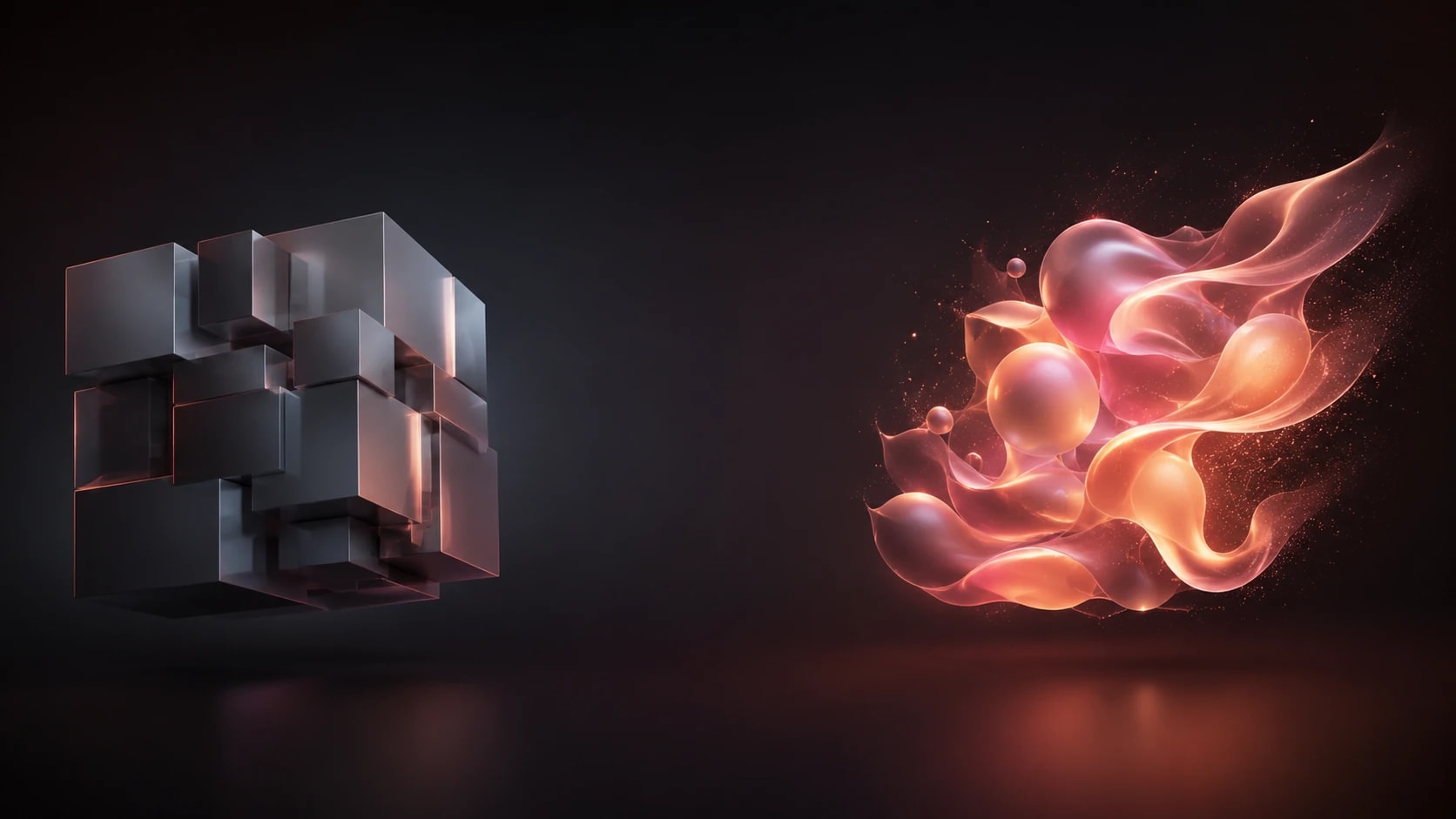 Rigid gray cube on the left flowing into glowing coral organic shapes on the right