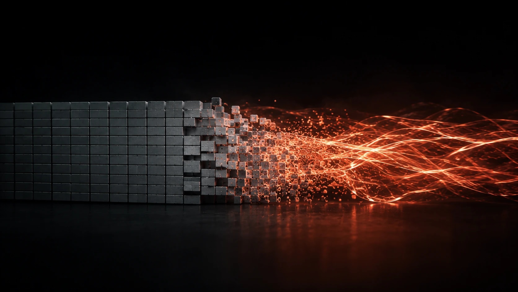 A rigid gray lattice of stacked blocks on the left dissolving into a flowing river of warm coral light on the right