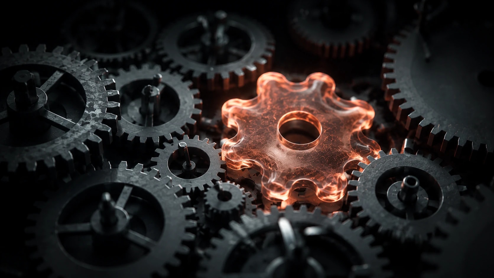 A precise mechanical clockwork in muted steel with one organic, glowing coral gear that refuses to mesh with the rest