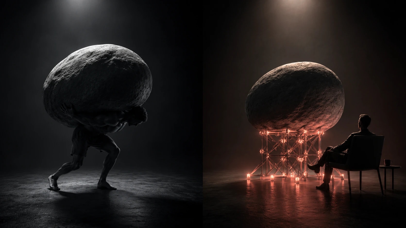 A figure strains alone under a huge boulder on the left; on the right the same figure sits at ease while a coral-glowing scaffold carries the same weight