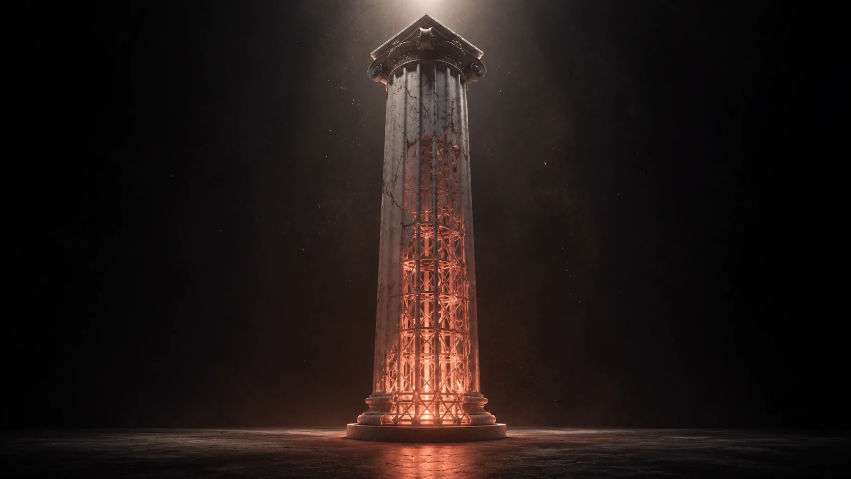 A solitary marble column rising into darkness, with a delicate coral-lit lattice suddenly visible inside it