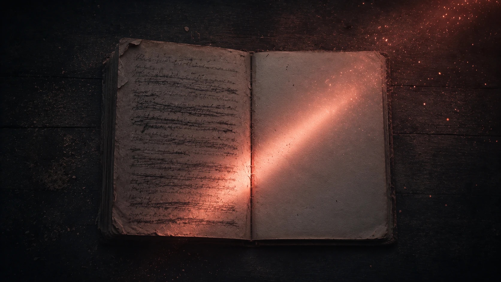 An old journal opened on a dark surface, the left page crossed out and the right page lit by a single beam of warm coral light