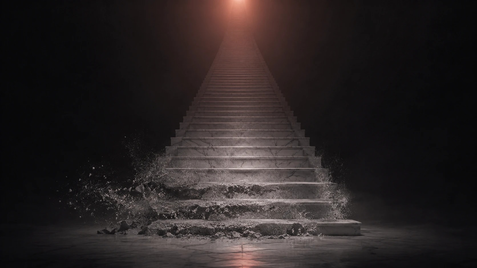 A long marble staircase rising into darkness, its bottom steps slowly dissolving into pale ash as a distant coral light glows above
