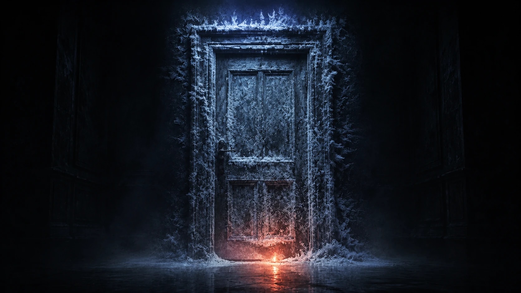 A heavy wooden door sealed by thick pale-blue frost, with a single coral ember glowing on the floor and beginning to thaw one corner